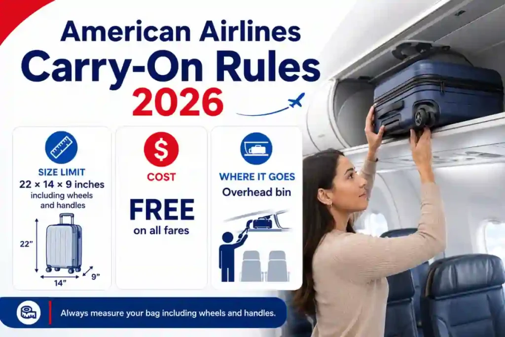 American Airlines Baggage Guide 2026 — Carry-On Rules, Fees & Sizes 1 Standard carry-on suitcase that meets American Airlines 22 × 14 × 9 inch size limit