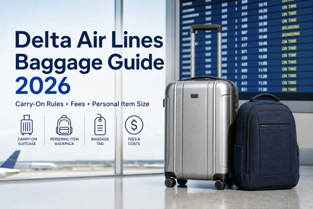 Traveler with a Delta-compatible carry-on suitcase and personal item at an airport boarding gate.