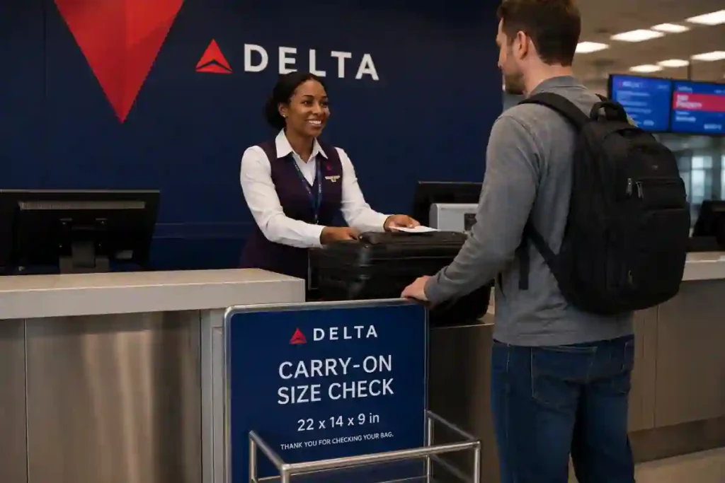 Standard 22 x 14 x 9 inch carry-on suitcase beside a Delta Airlines overhead bin.
