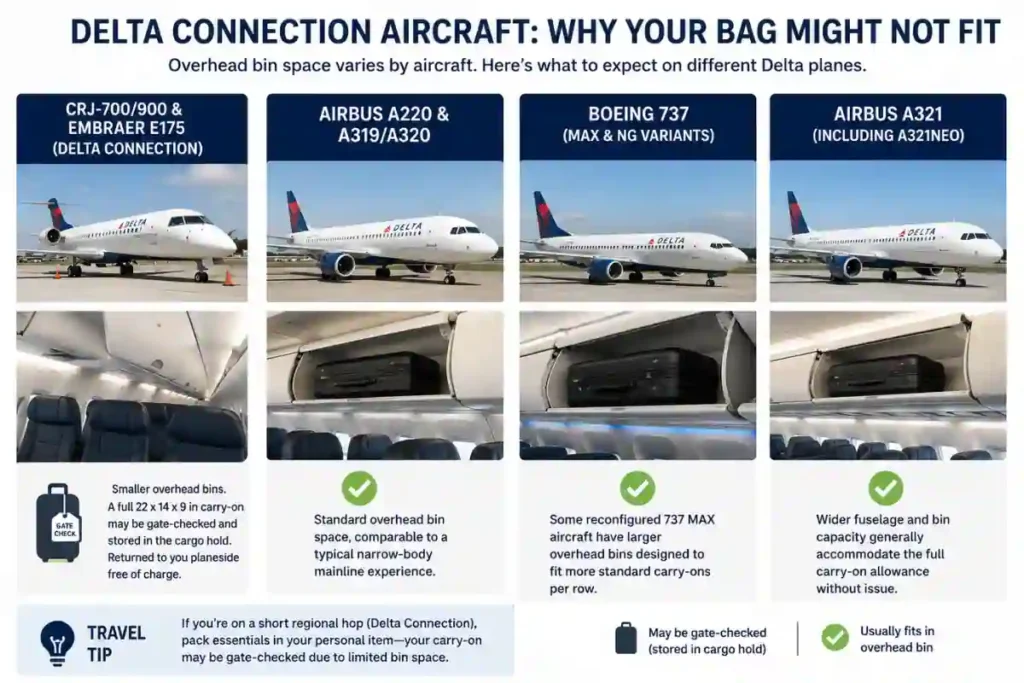 Passenger attempting to place a carry-on suitcase into the smaller overhead bin of a Delta Connection regional jet.