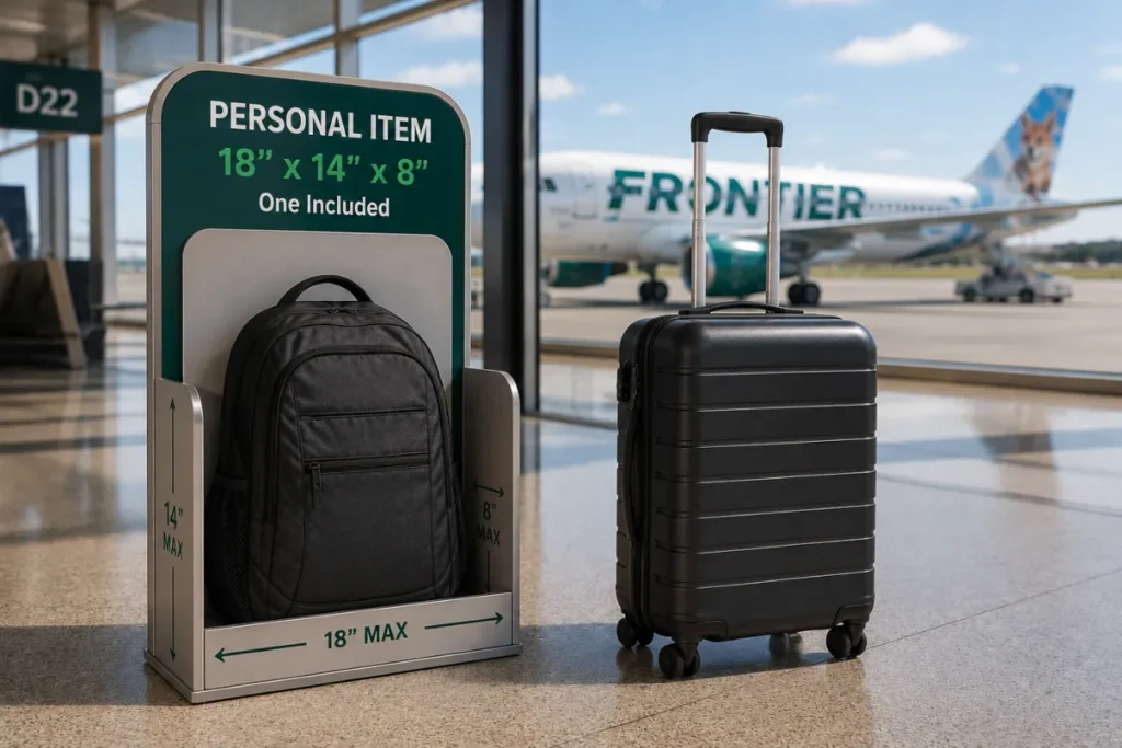 Frontier Airlines personal item sizer with a backpack, carry-on suitcase, and Frontier aircraft at an airport terminal