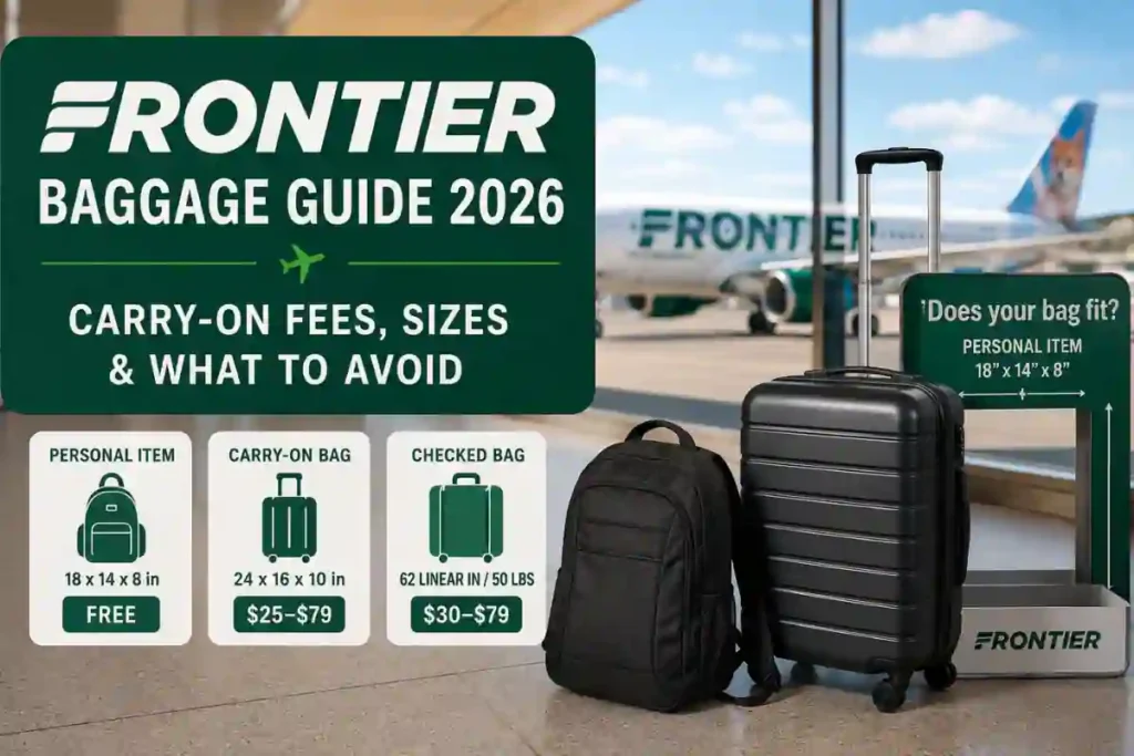 Comparison chart showing Frontier Airlines personal item, carry-on, and checked bag size limits and fees