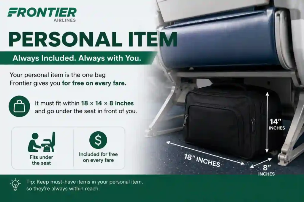 Backpack placed inside a Frontier Airlines personal item sizer at the airport