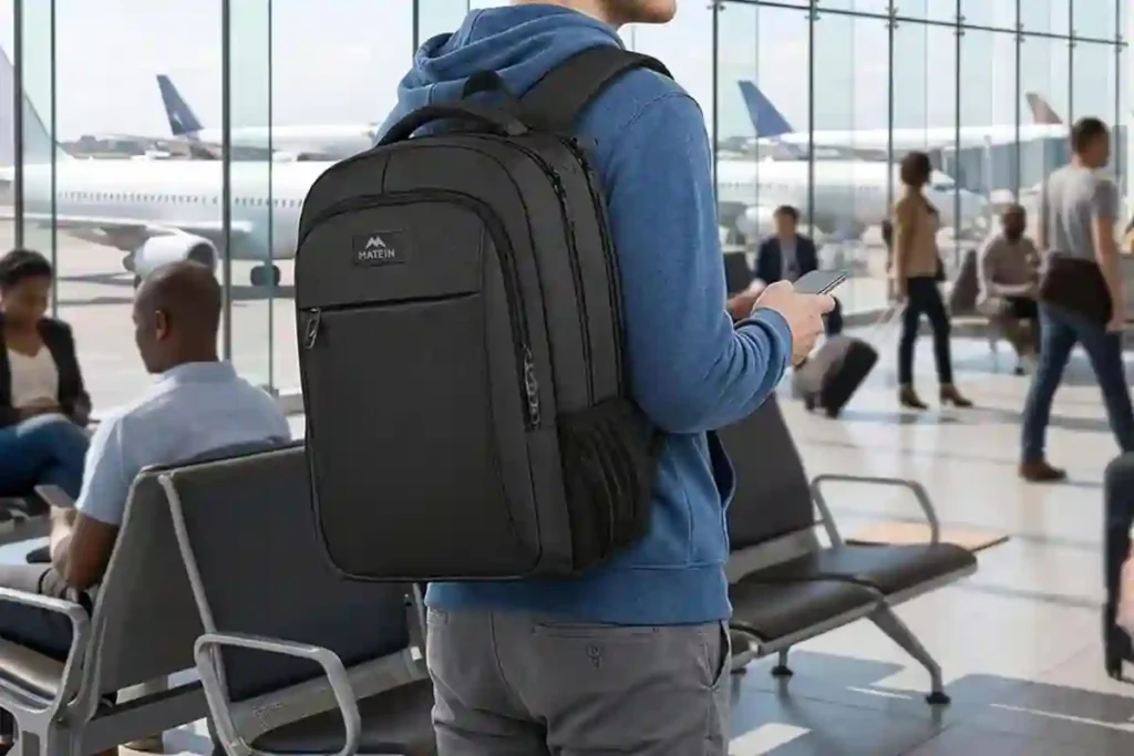 MATEIN travel laptop backpack in grey showing front organization pockets and airline personal item size
