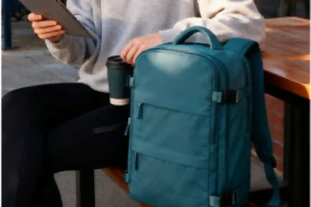 coofay travel laptop backpack in grey showing front organization pockets and airline personal item size