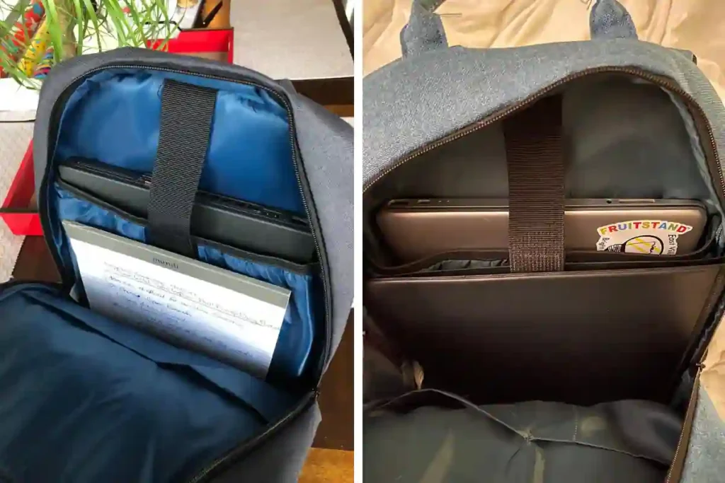 MATEIN travel backpack open showing laptop compartment main section front pockets and anti-theft hidden pocket